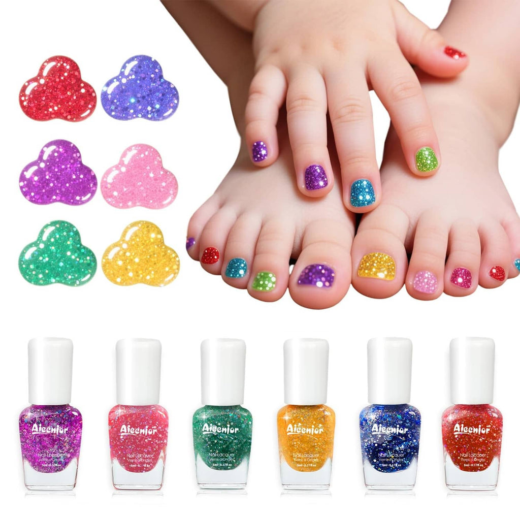 Kids glitter nail polish set with multiple colorful bottles and matching glitter nails