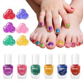 Kids glitter nail polish set with multiple colorful bottles and matching glitter nails