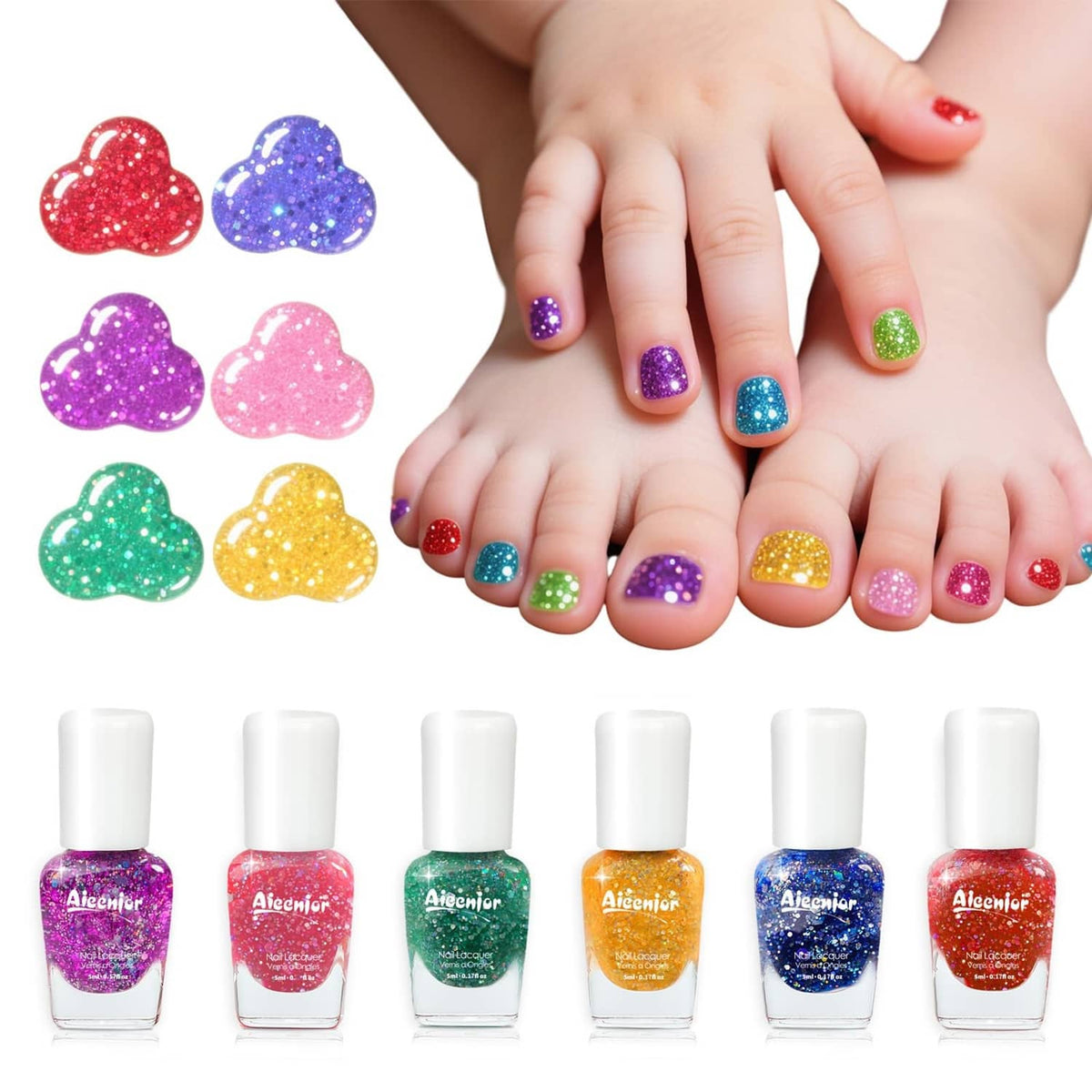 Kids glitter nail polish set with multiple colorful bottles and matching glitter nails