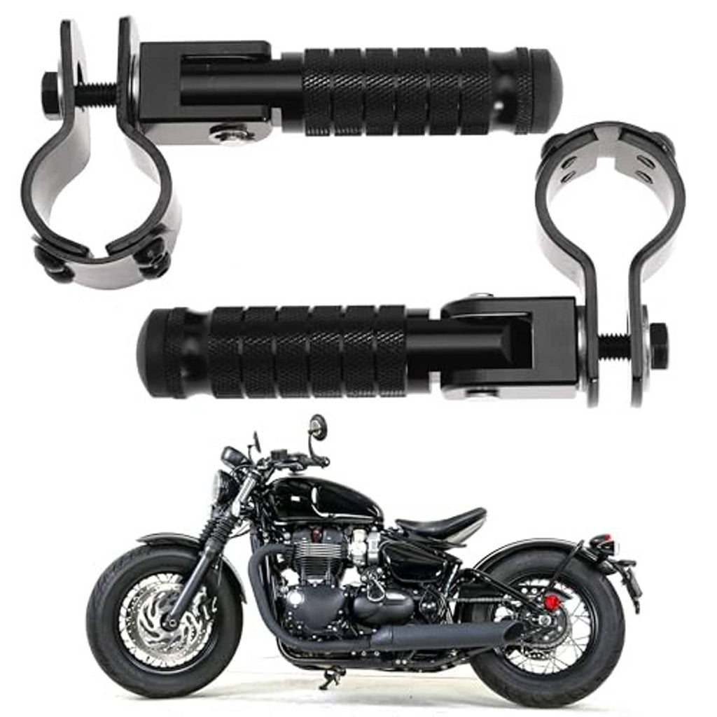 Black motorcycle footrests with textured grips and U-shaped straps for mounting