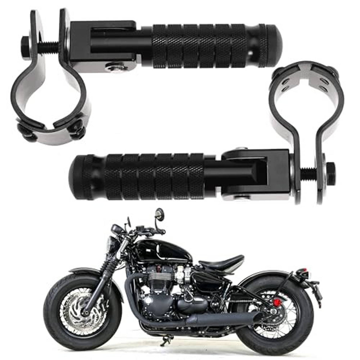 Black motorcycle footrests with textured grips and U-shaped straps for mounting