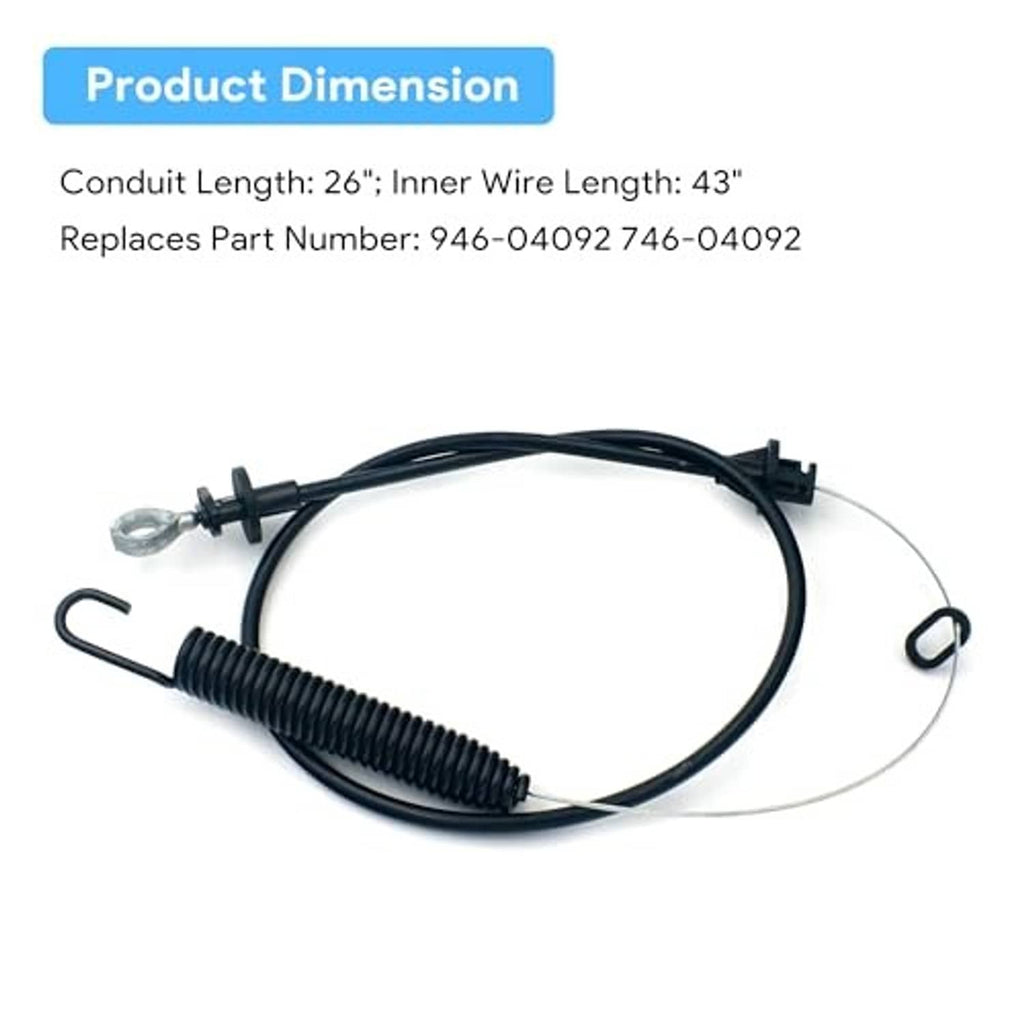 Black deck engagement cable with spring coil, ring terminal, and curved wire loop