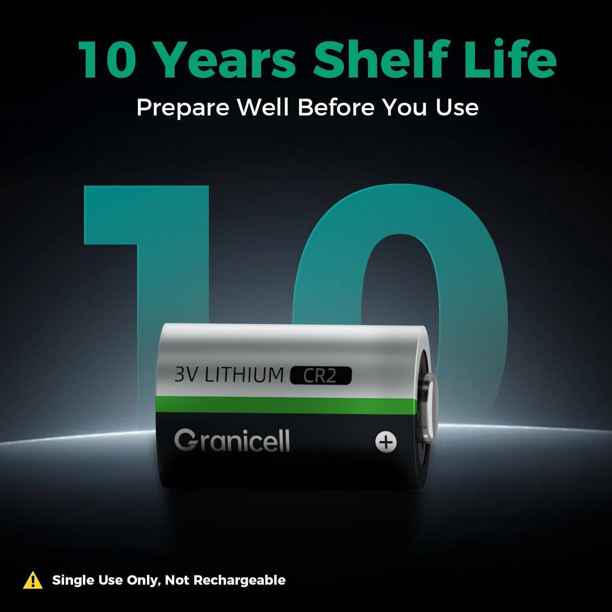 CR2 lithium battery with green stripe and Granicell logo, shelf-life graphic for 10 years
