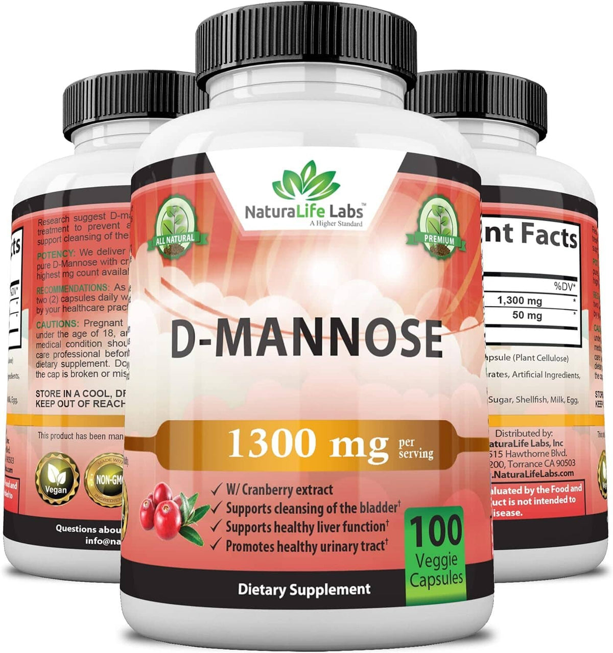 Triple-view D-mannose supplement bottles with 1300 mg per serving label