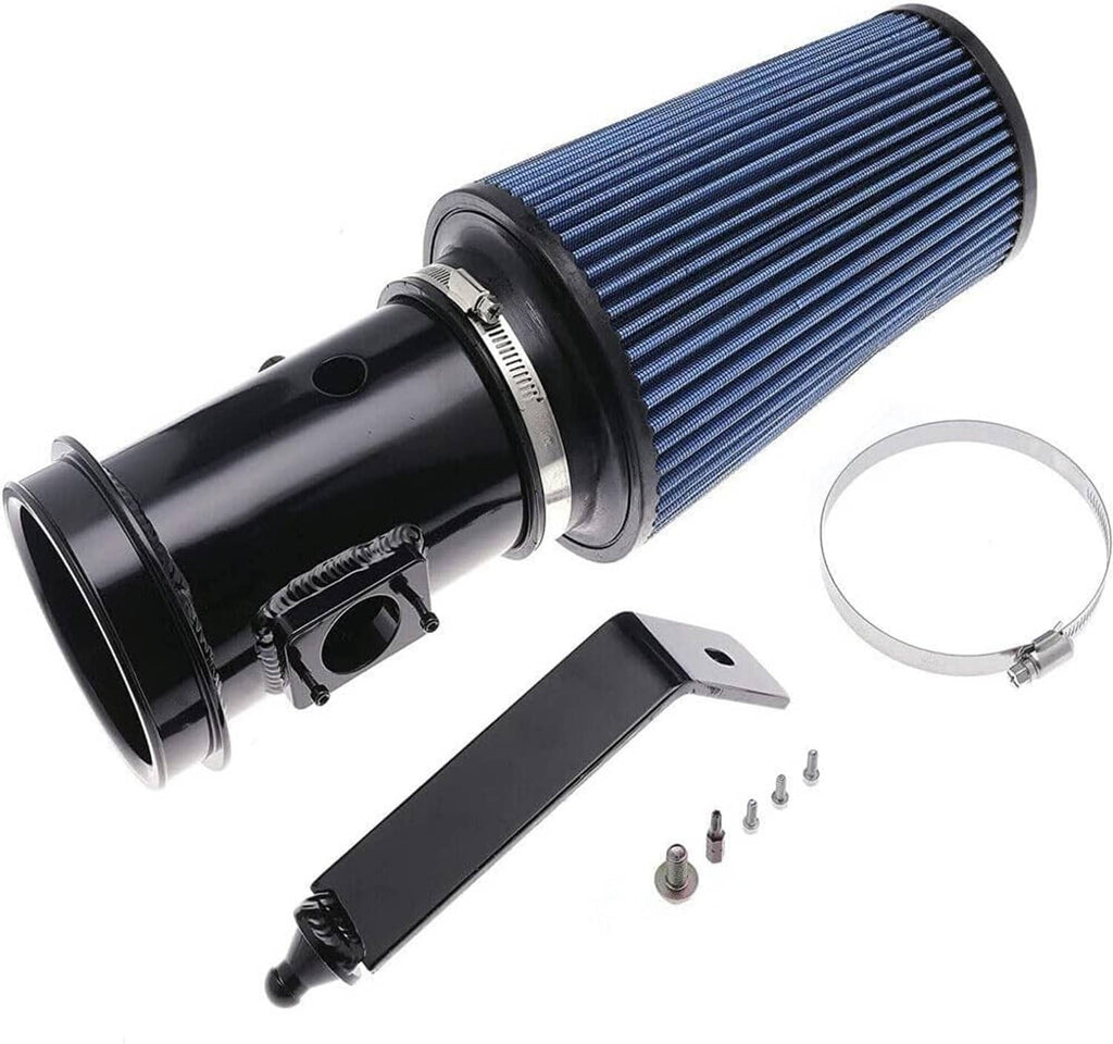 Cold air intake kit parts: blue cone air filter, black intake pipe, clamps and bracket