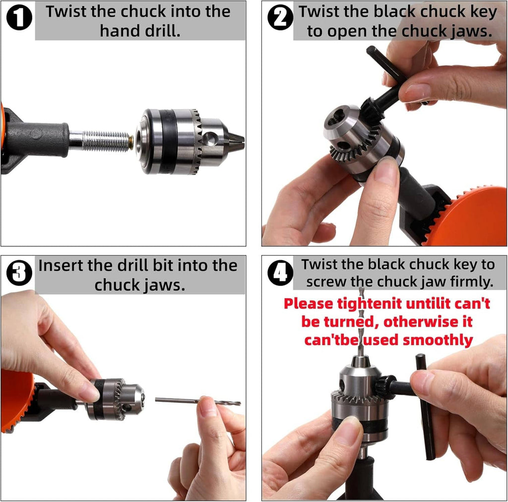 Manual hand drill chuck and black key with hand twisting to open jaws