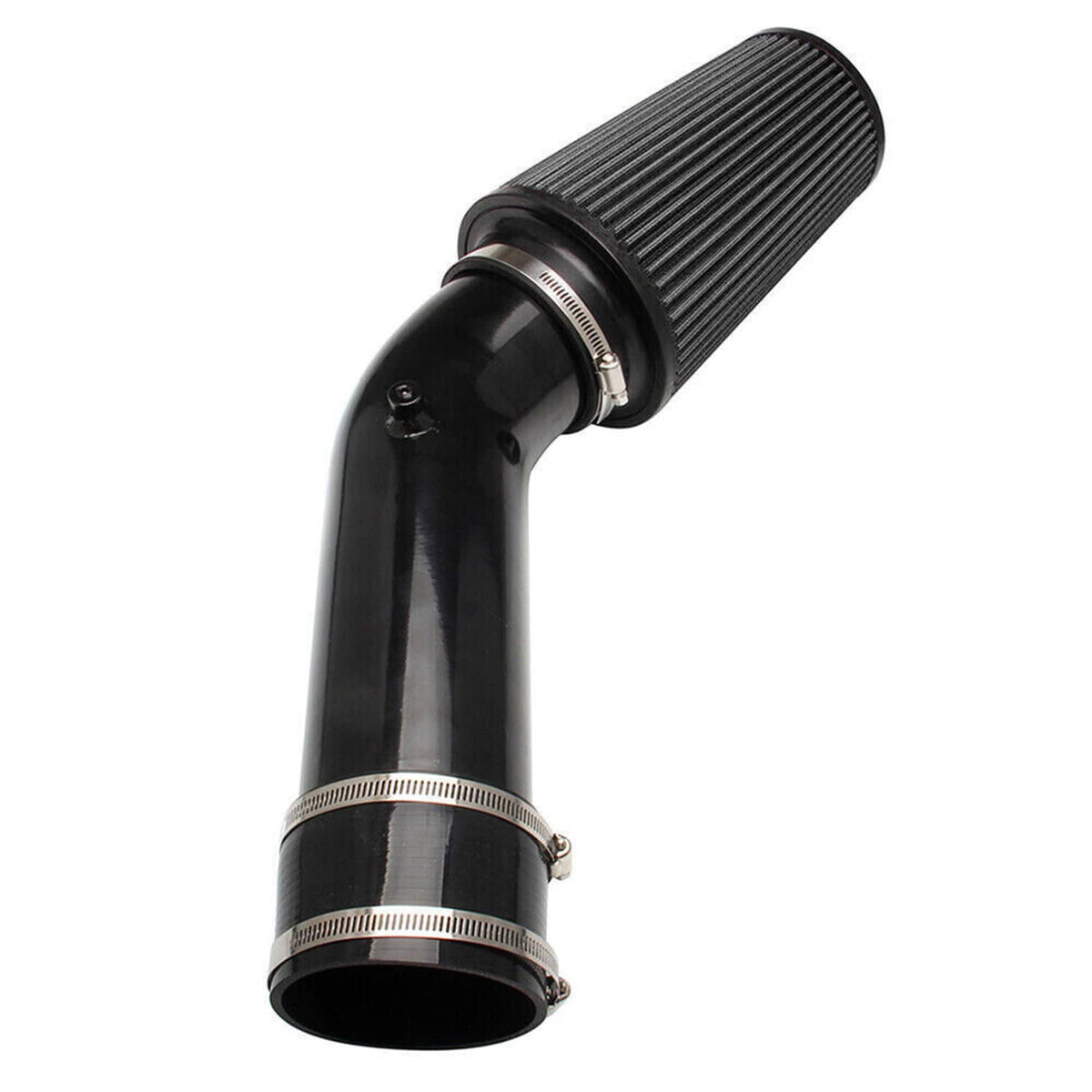 Black cone air filter with ribbed pleats and matching elbow intake tube