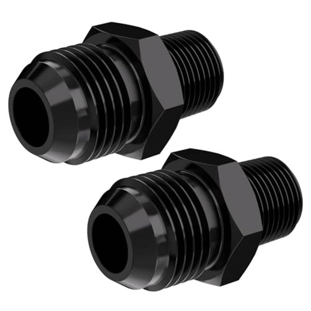 Black male flare to 3/8 NPT straight fitting adapter, two angles, threaded male ends