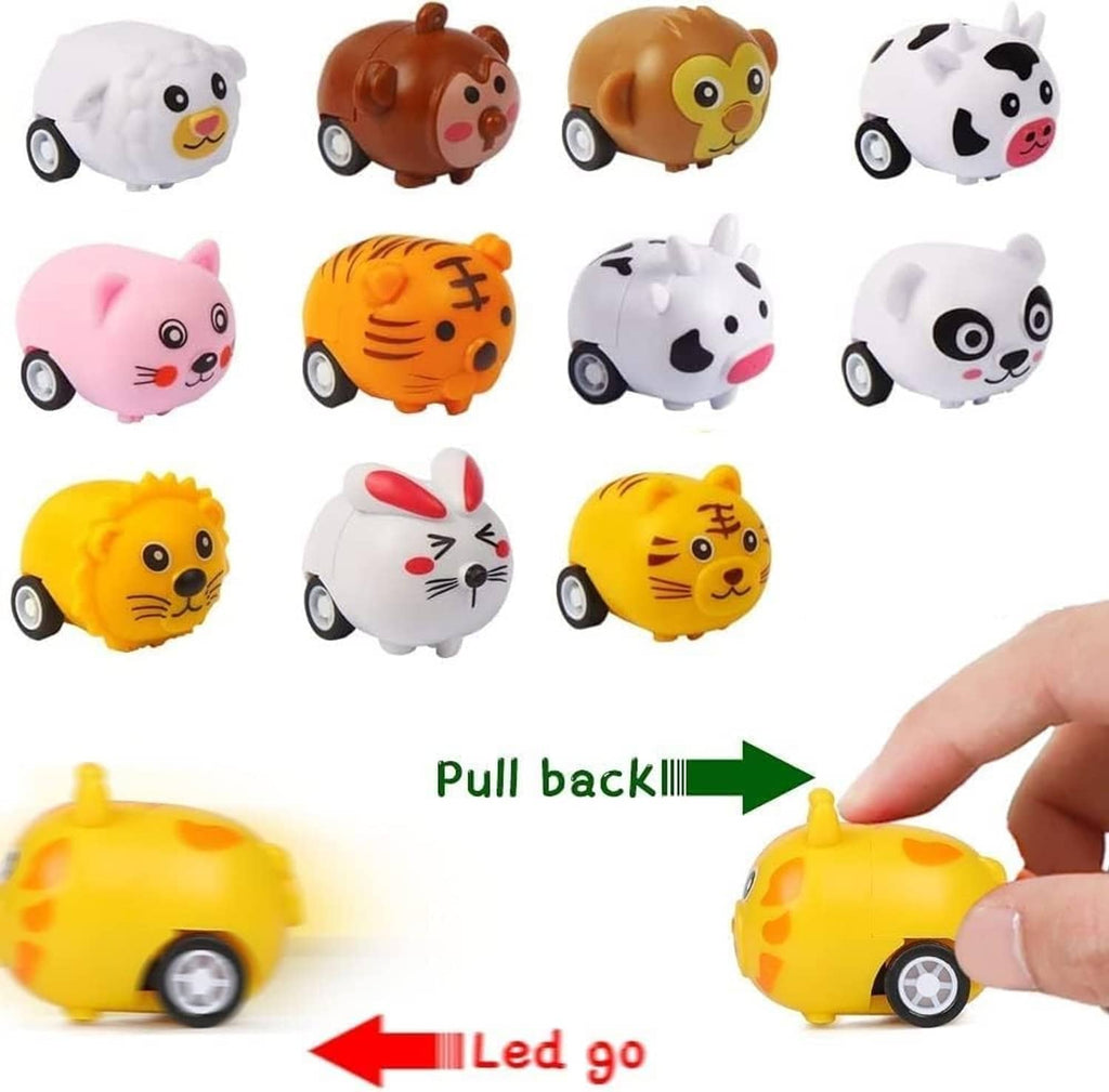 Pull-back animal car squish toys set with panda, tiger, dog, and bunny figures
