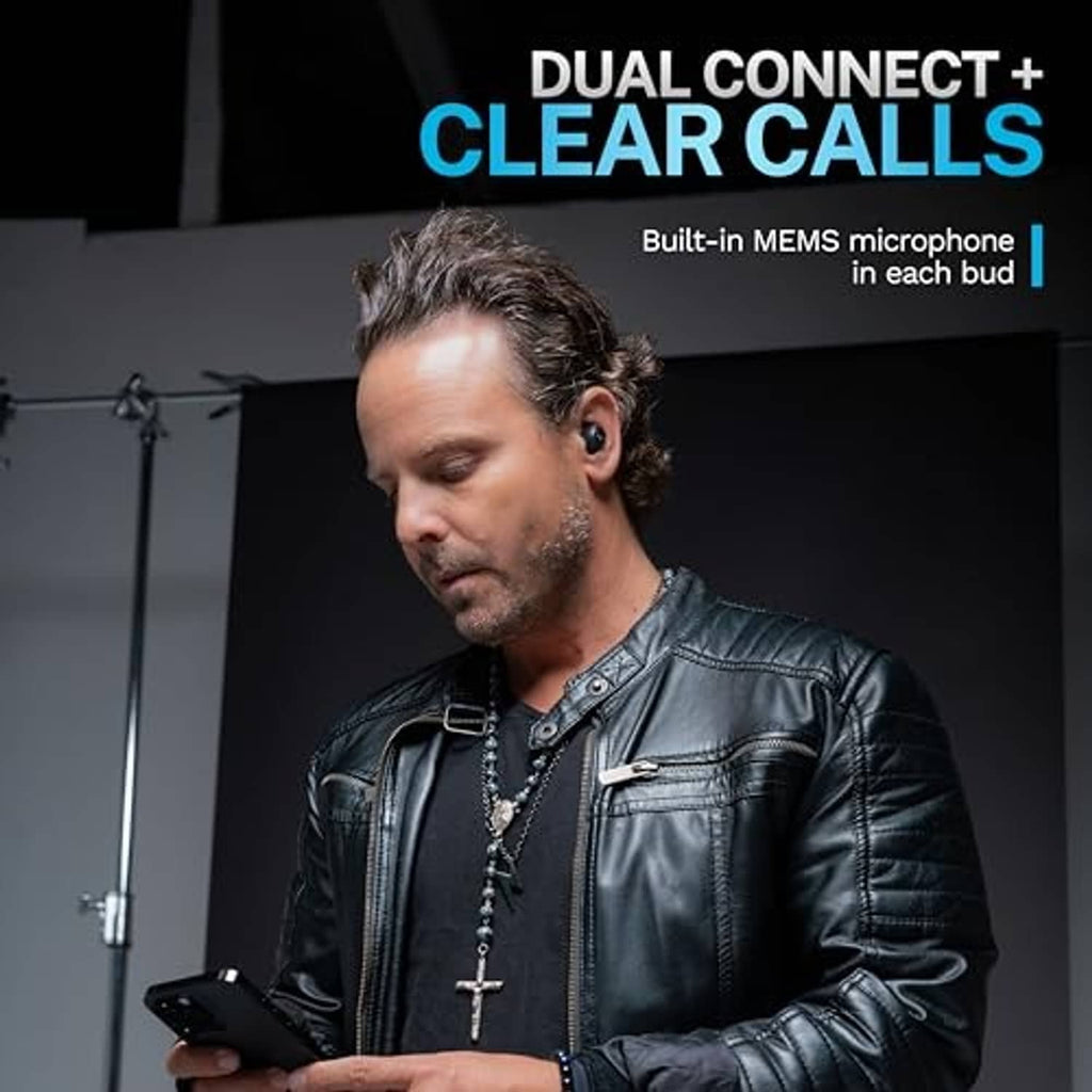 Black true wireless earbuds worn by man, earbuds in both ears