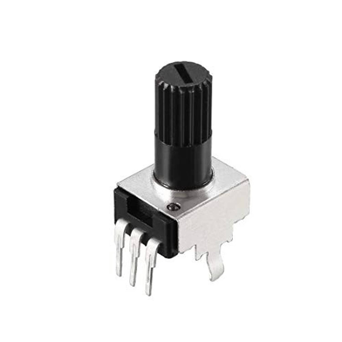 Single-turn rotary carbon film potentiometer with black ribbed knob and pins