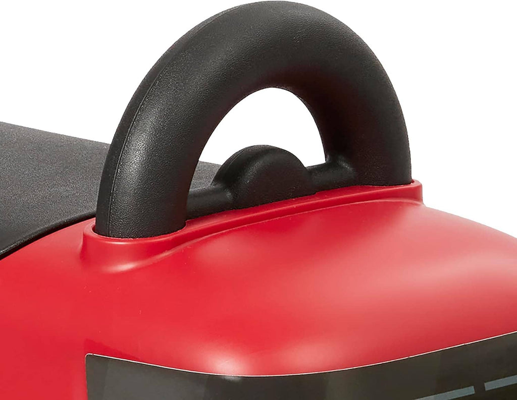 Red ride-on delivery truck toy with large black steering handle and clear window