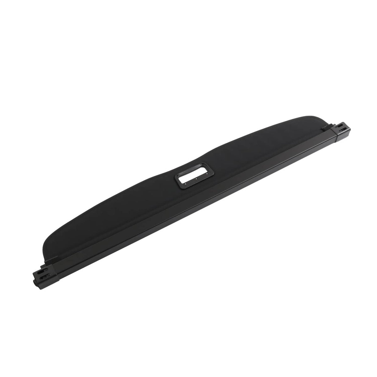 Black retractable trunk cargo cover shade with central access slot and attachment ends