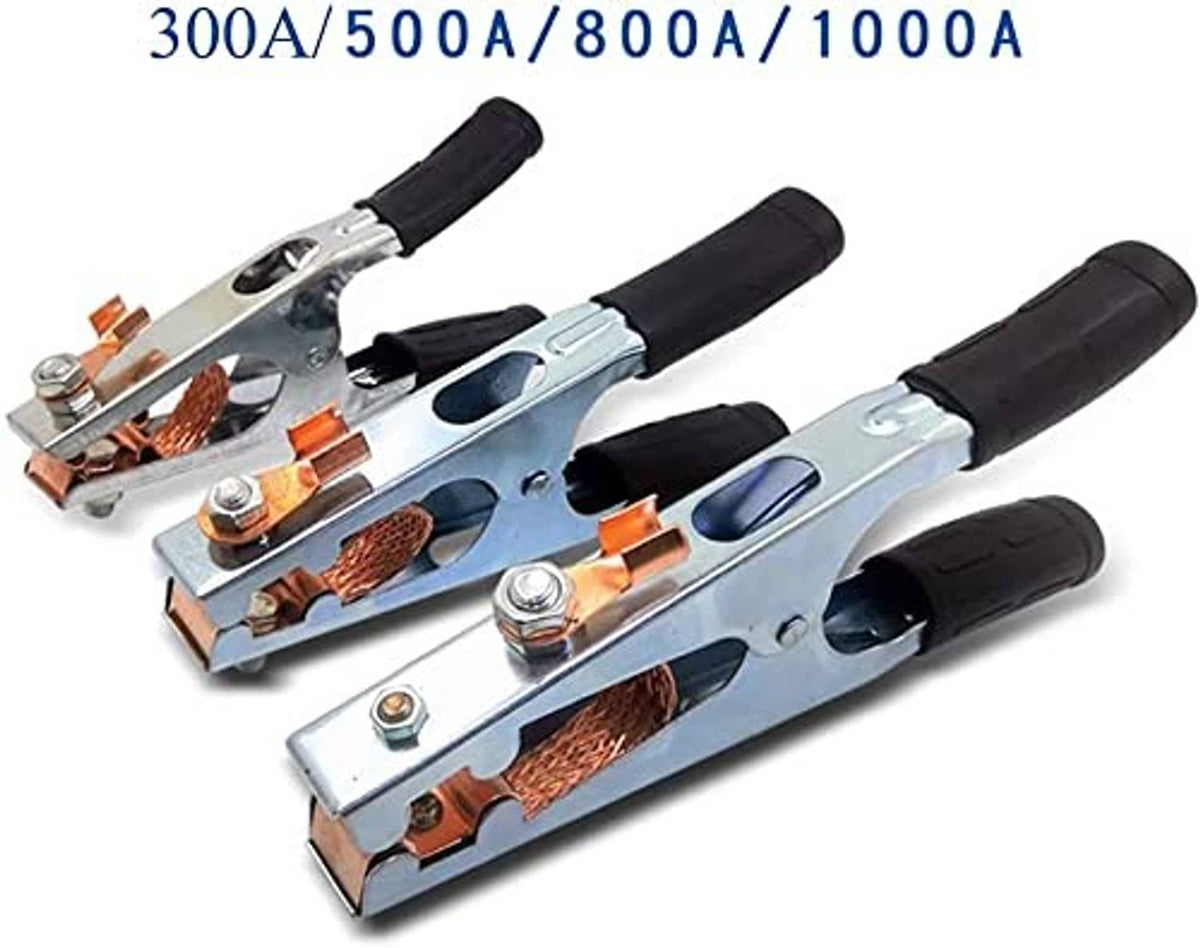 Ground cable clips rated 300A/500A/800A/1000A with copper braid and black handles