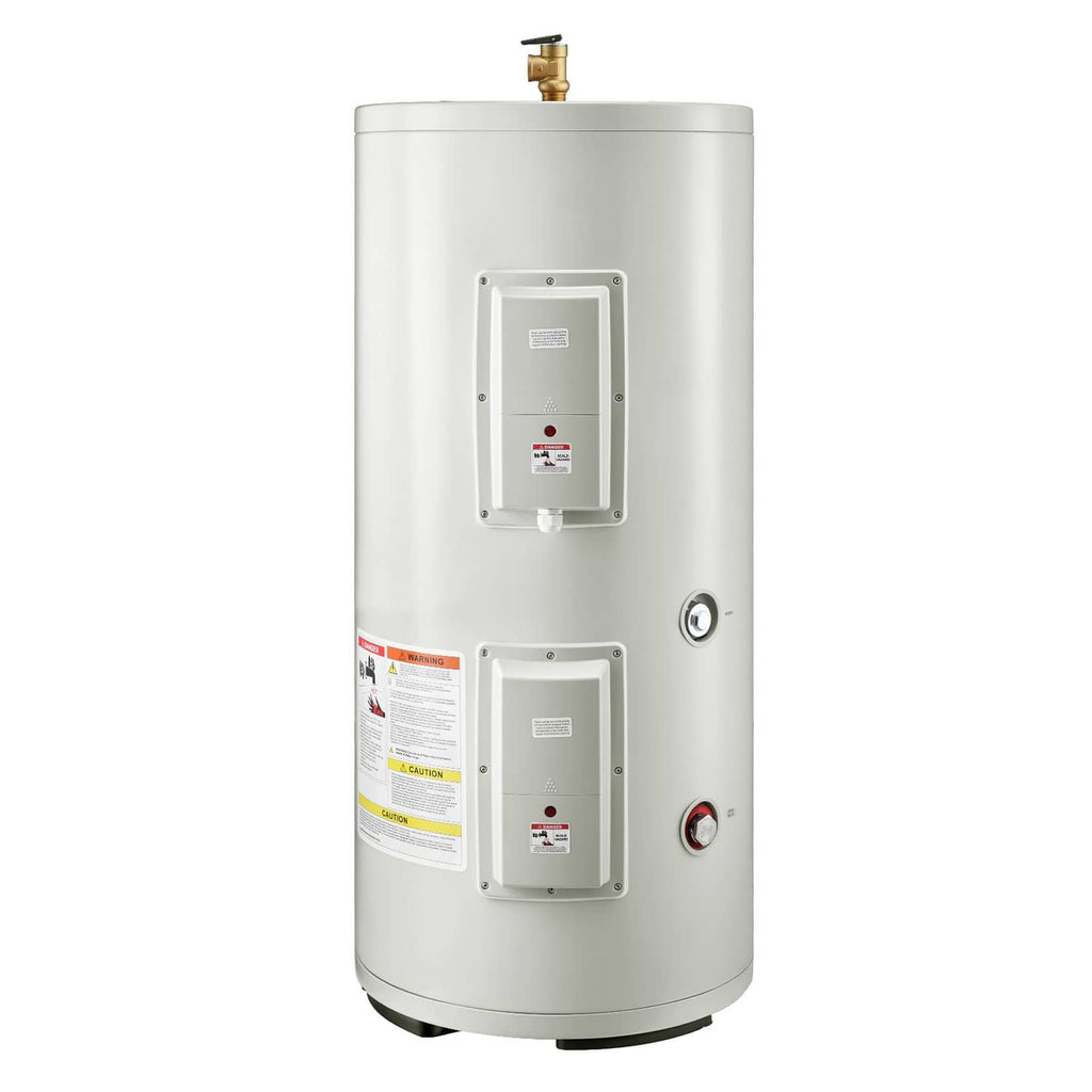White electric water heater tank with two control panels and top plumbing fitting