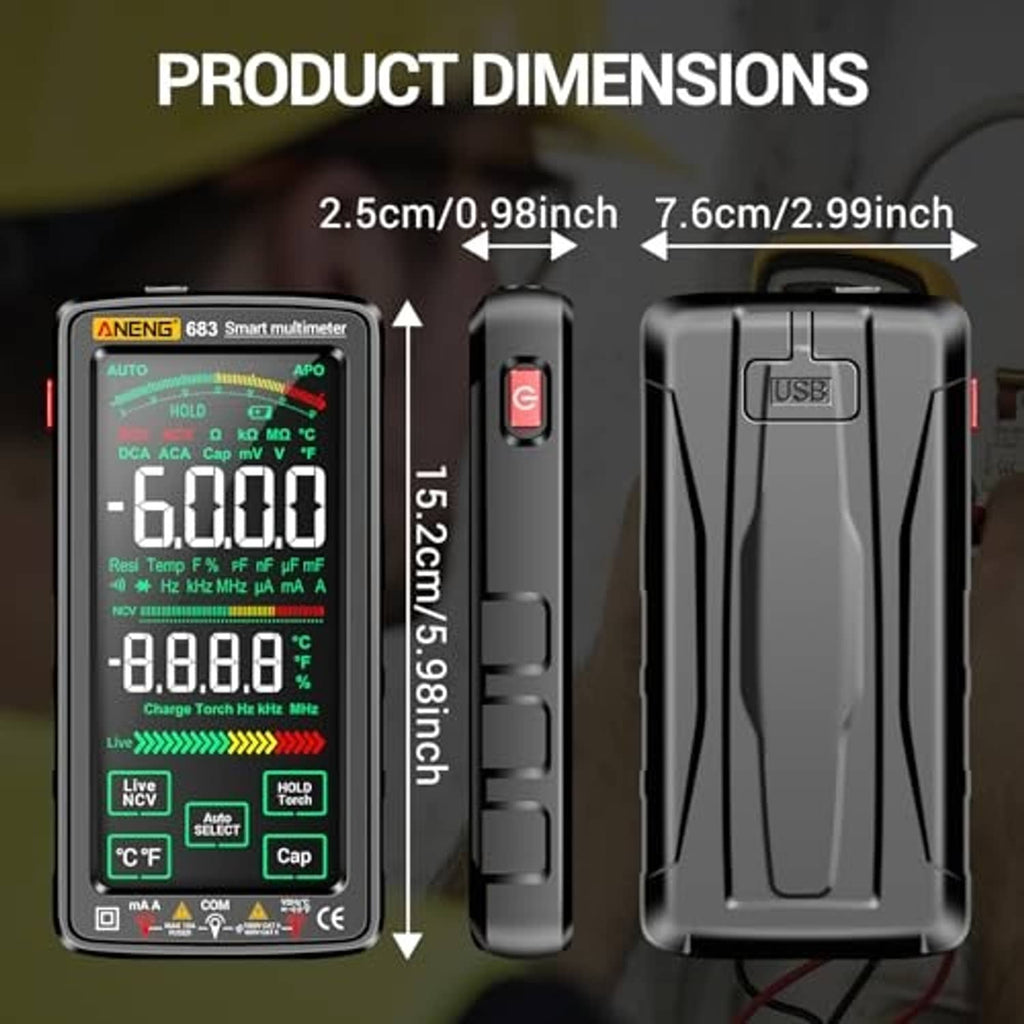 Black smart digital multimeter shown with side and back views and compact device body
