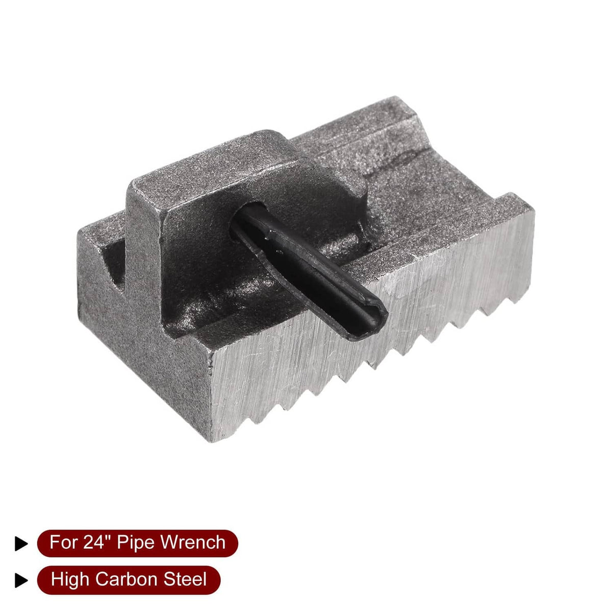 Pipe wrench heel jaw replacement with pin inserted and serrated gripping teeth