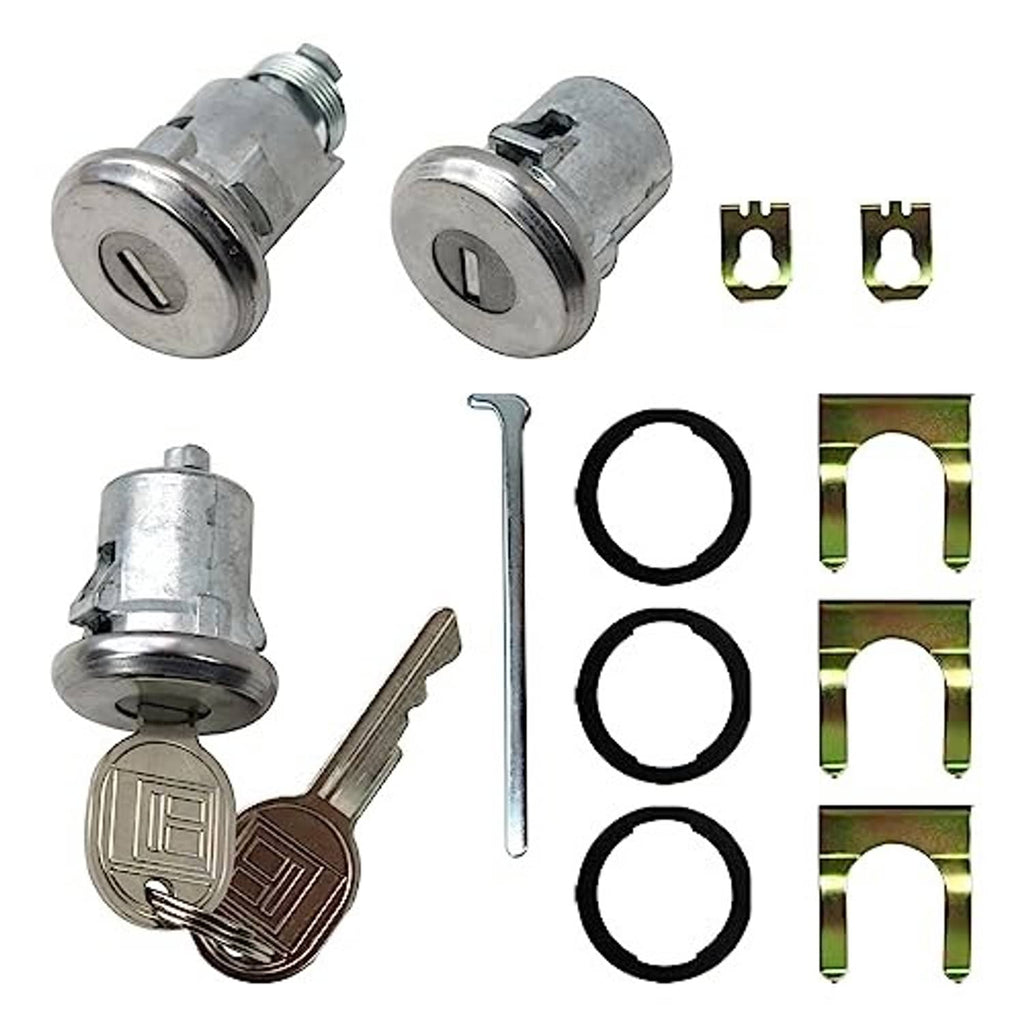 Door lock cylinder and key set with two cylinders, three keys, lock rings, and clips