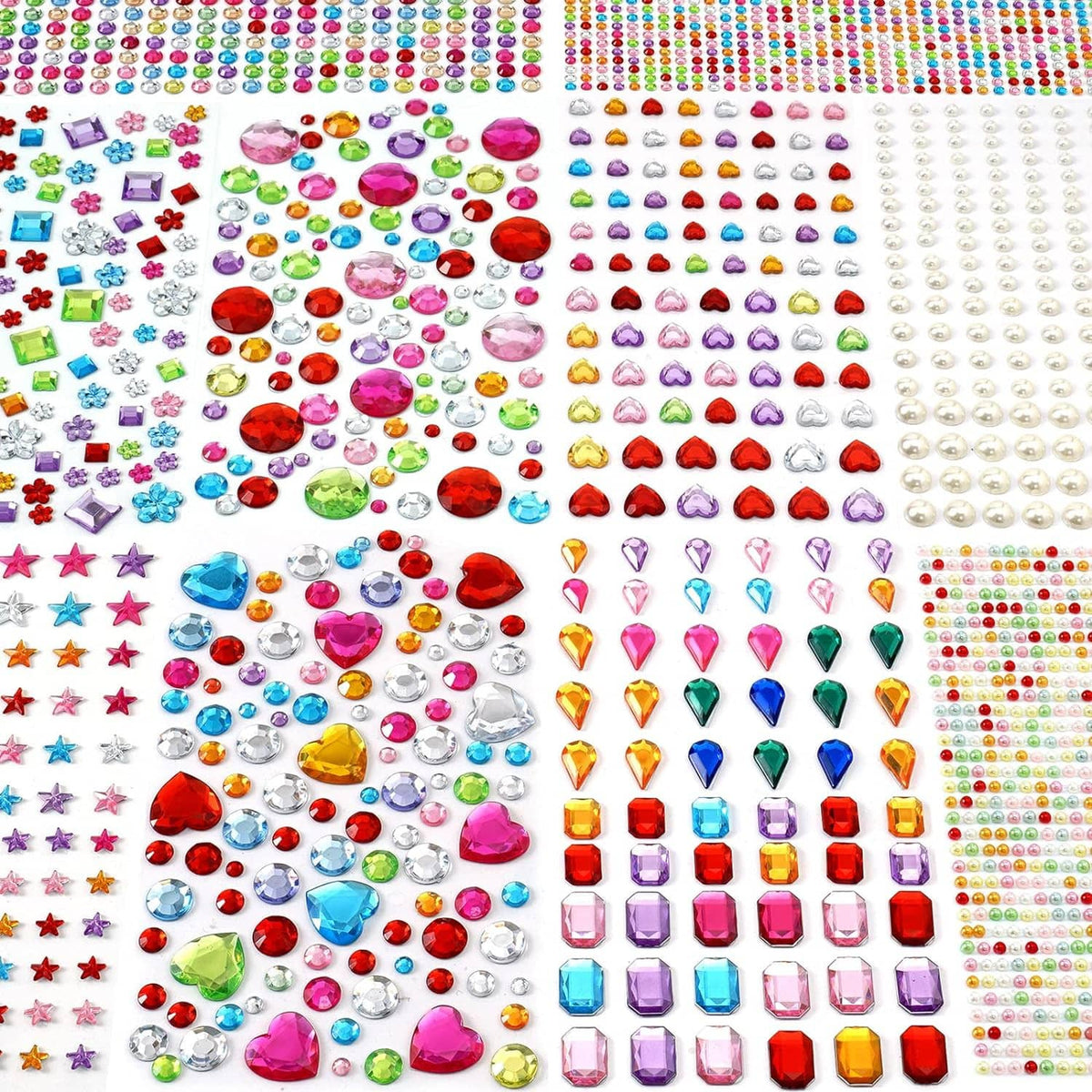Assorted self-adhesive rhinestones on a sheet, including hearts, stars, and colored gems