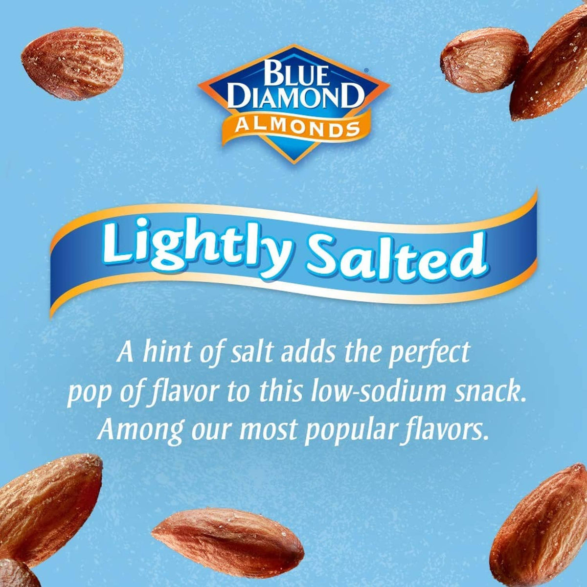 Blue Diamond lightly salted low-sodium almonds label with whole almonds