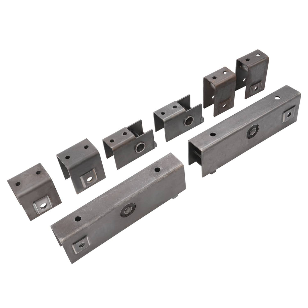 Steel trailer slipper spring hanger kit parts: long center beam with multiple mounting blocks