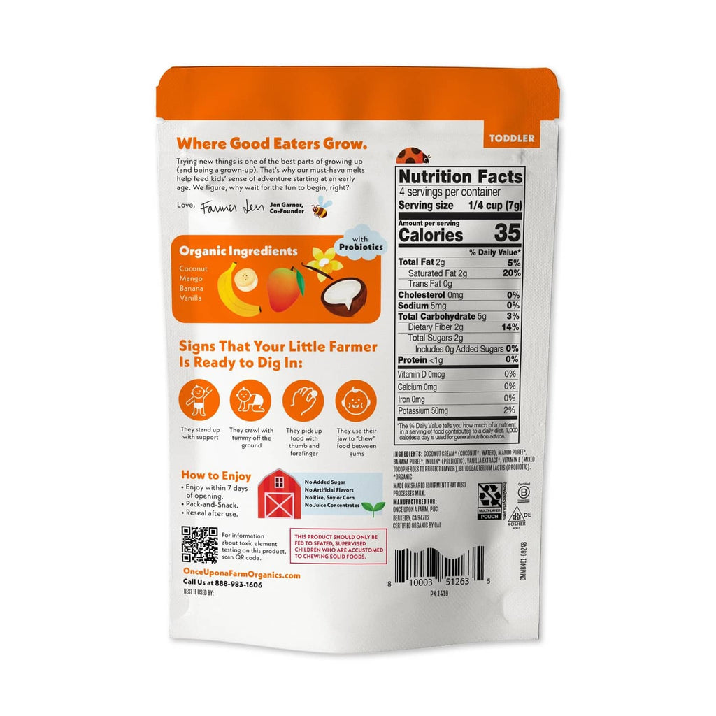 Organic coconut melts pouch back label with nutrition facts and ingredient info