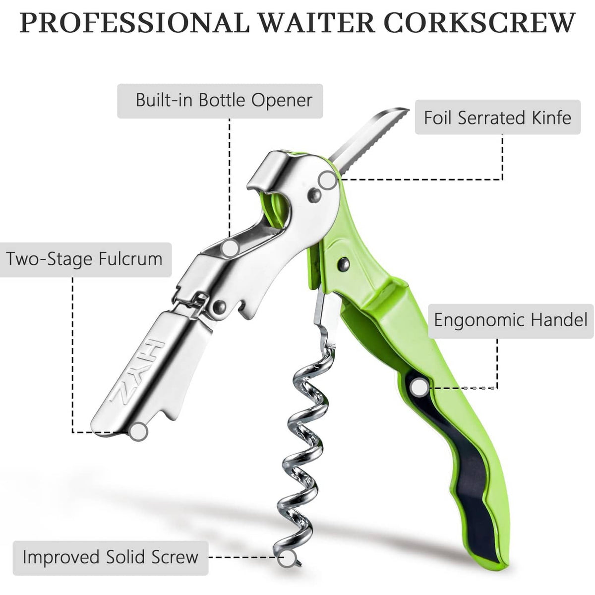 Lime green professional waiter corkscrew key with foil knife and bottle opener features.