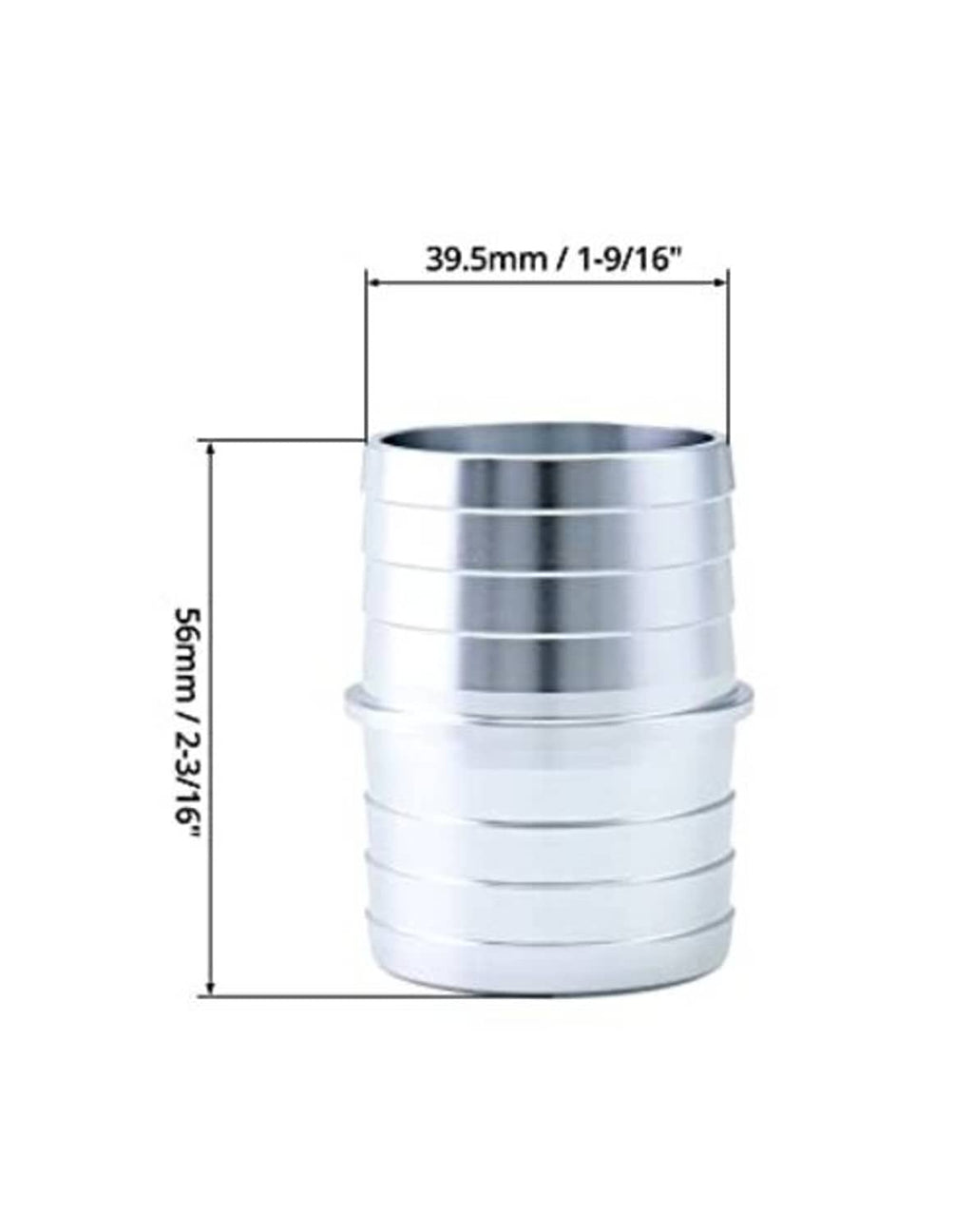 Aluminum hose barbed fitting with displayed dimensions for diameter and length