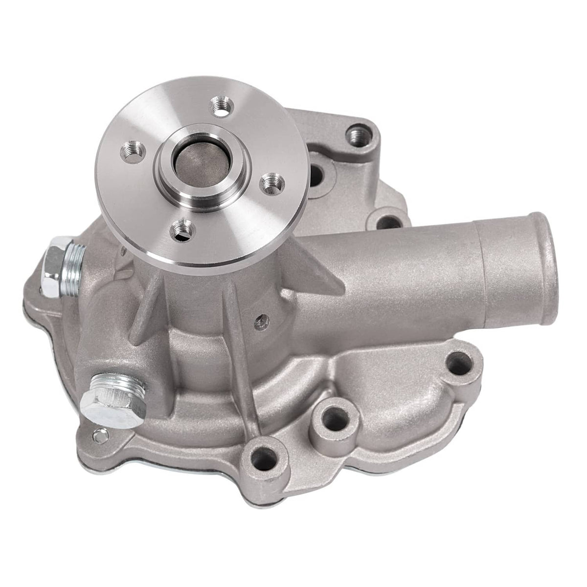 Water pump assembly with pulley hub and side outlet, silver metal finish