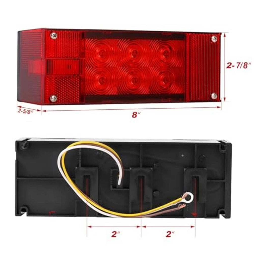 Red rectangular LED trailer light with mounting housing and visible wiring pigtail