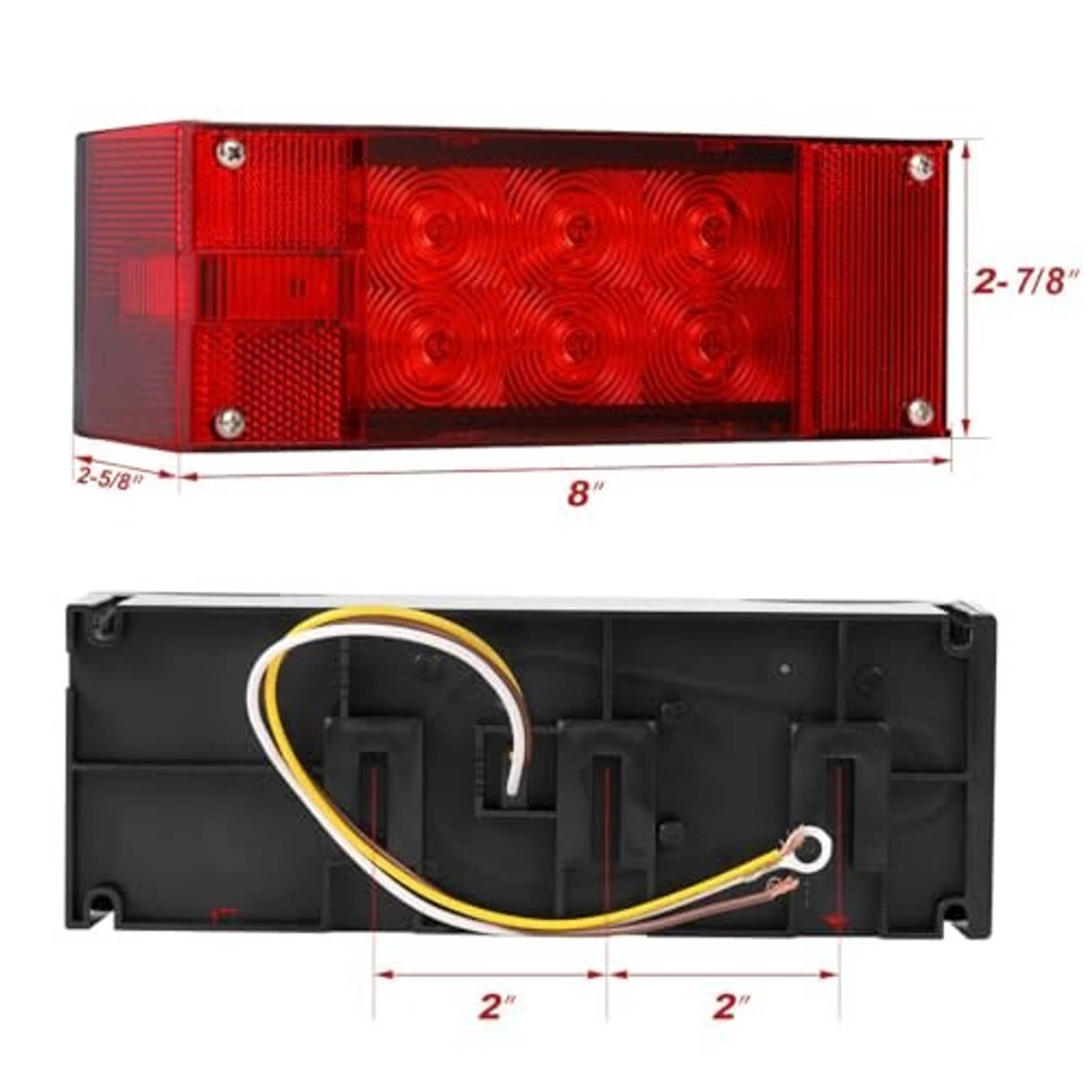 Red rectangular LED trailer light with mounting housing and visible wiring pigtail