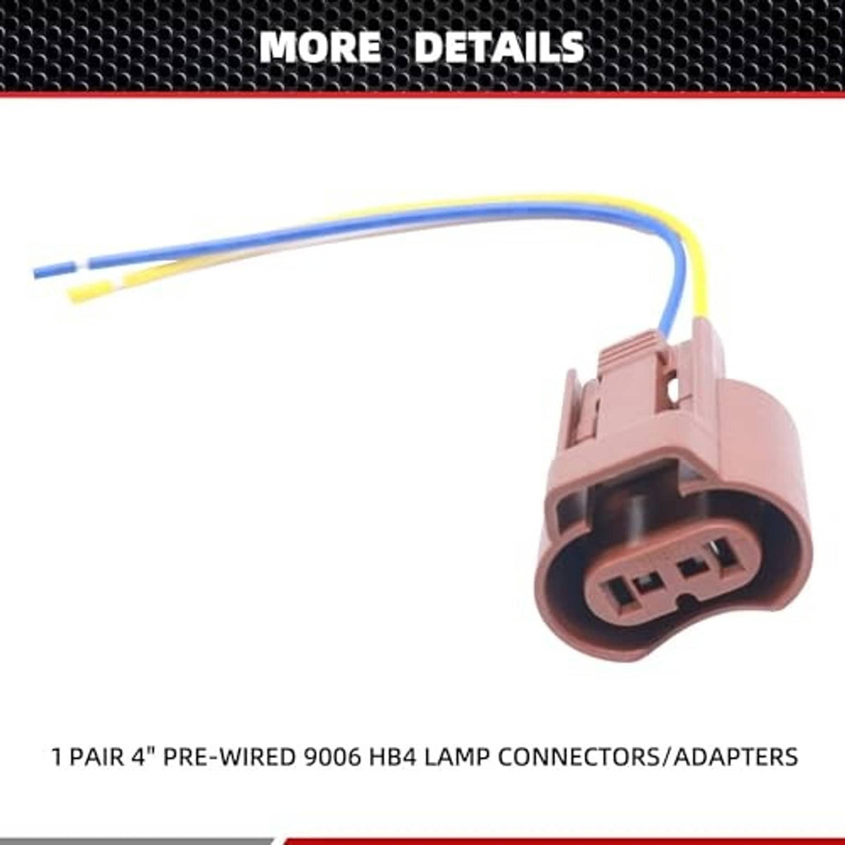 Pre-wired brown female headlamp adapter connector with blue and yellow lead wires