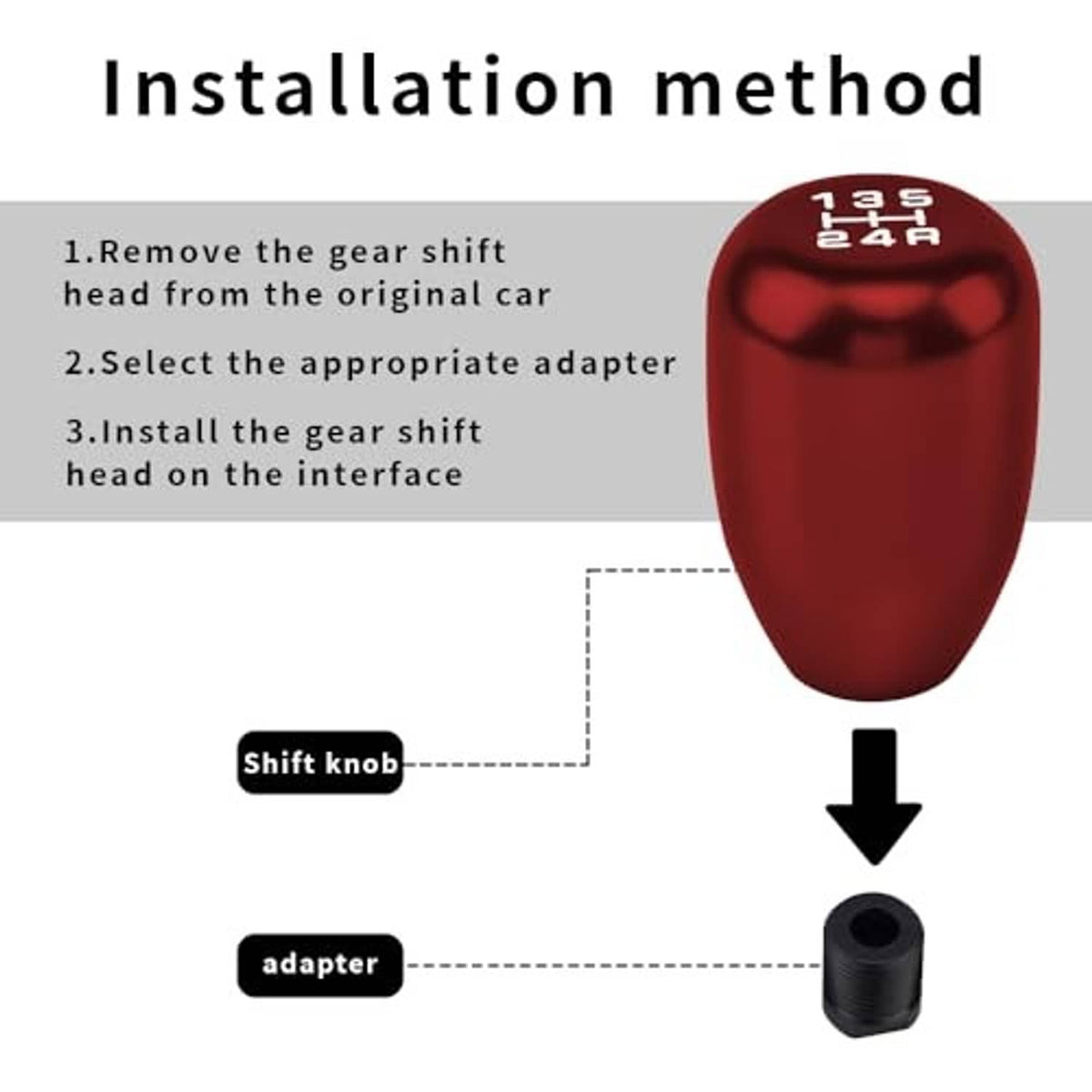 Red manual gear shift knob and black adapter sleeve shown for installation