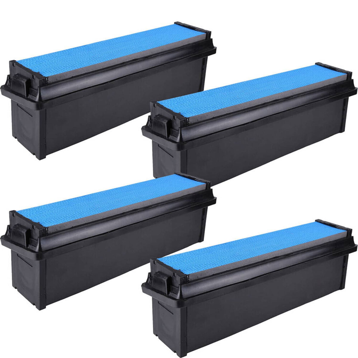 Set of four engine air filters with blue pleated panels in black housings.