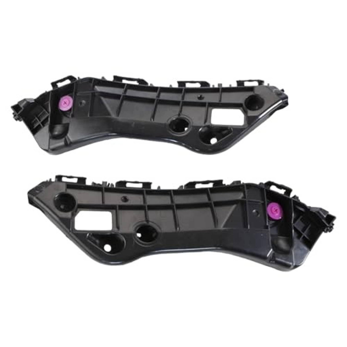 Front bumper bracket set, black plastic with two pieces, mounting tabs and oval cutouts