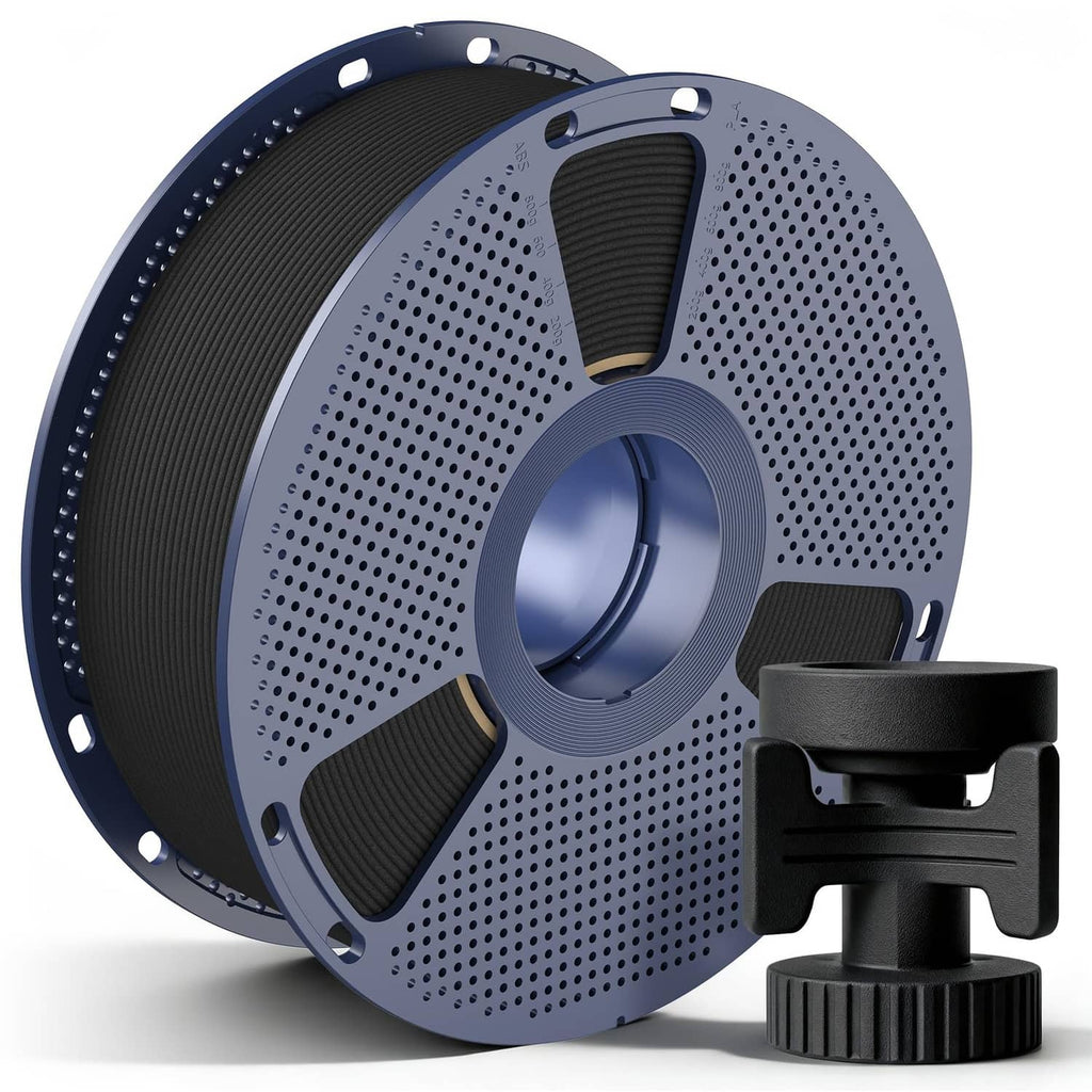 Black PETG carbon fiber 3D printing filament spool with textured blue reel frame