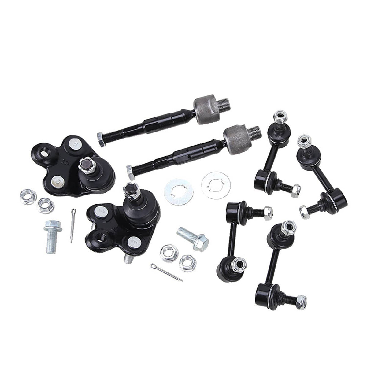 Front suspension lower control arm kit with black arms, ball joints, and mounting hardware