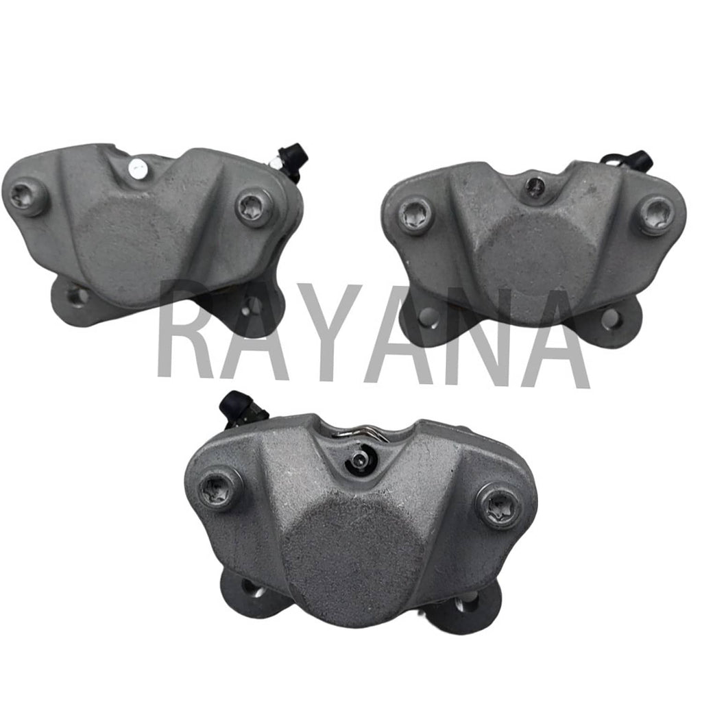 Set of front brake calipers with grey cast housings and silver mounting bolts