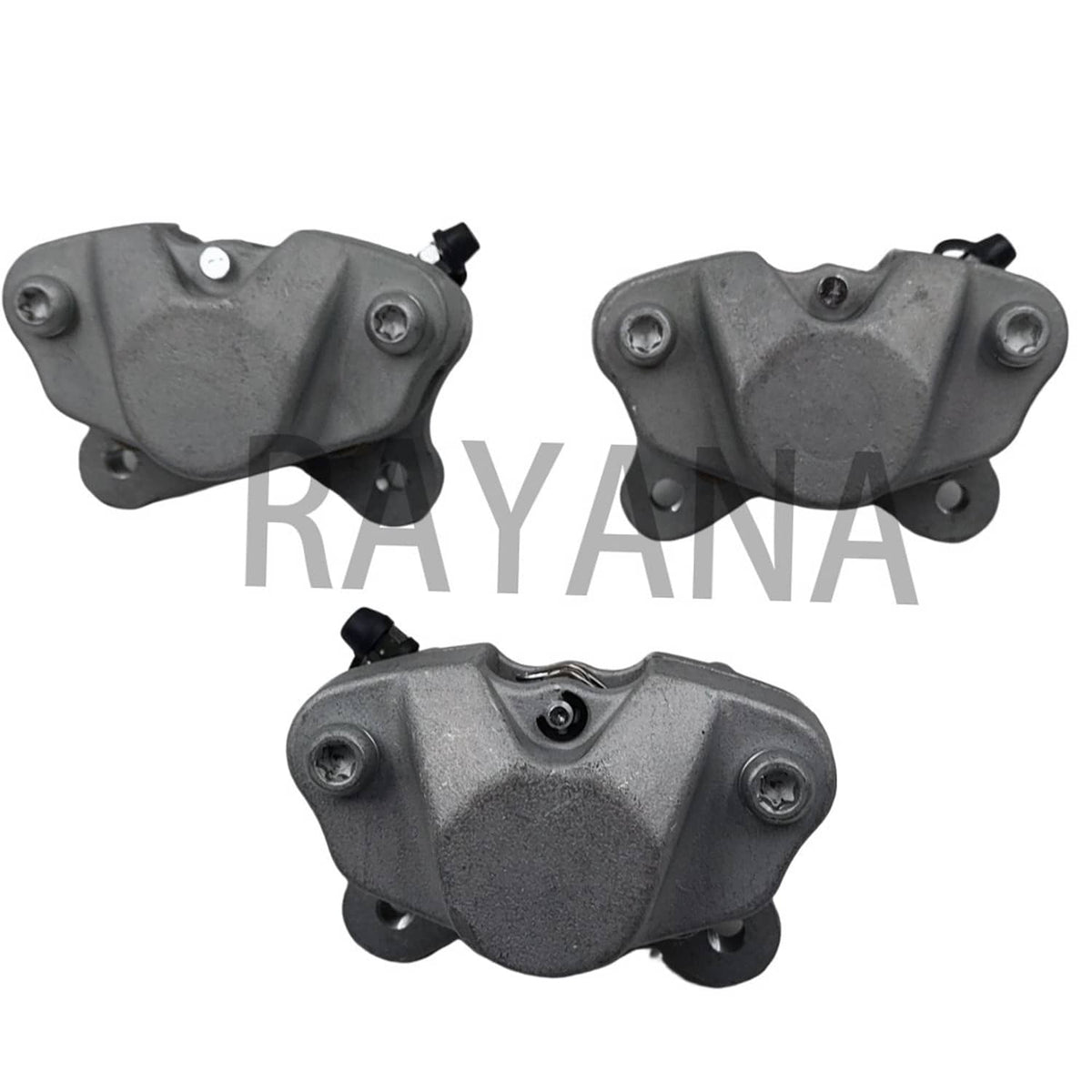 Set of front brake calipers with grey cast housings and silver mounting bolts