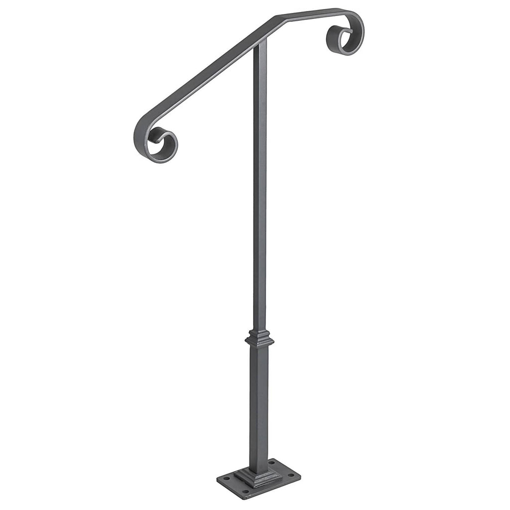 Matte gray single post wrought iron handrail with curved end grips and sturdy base.