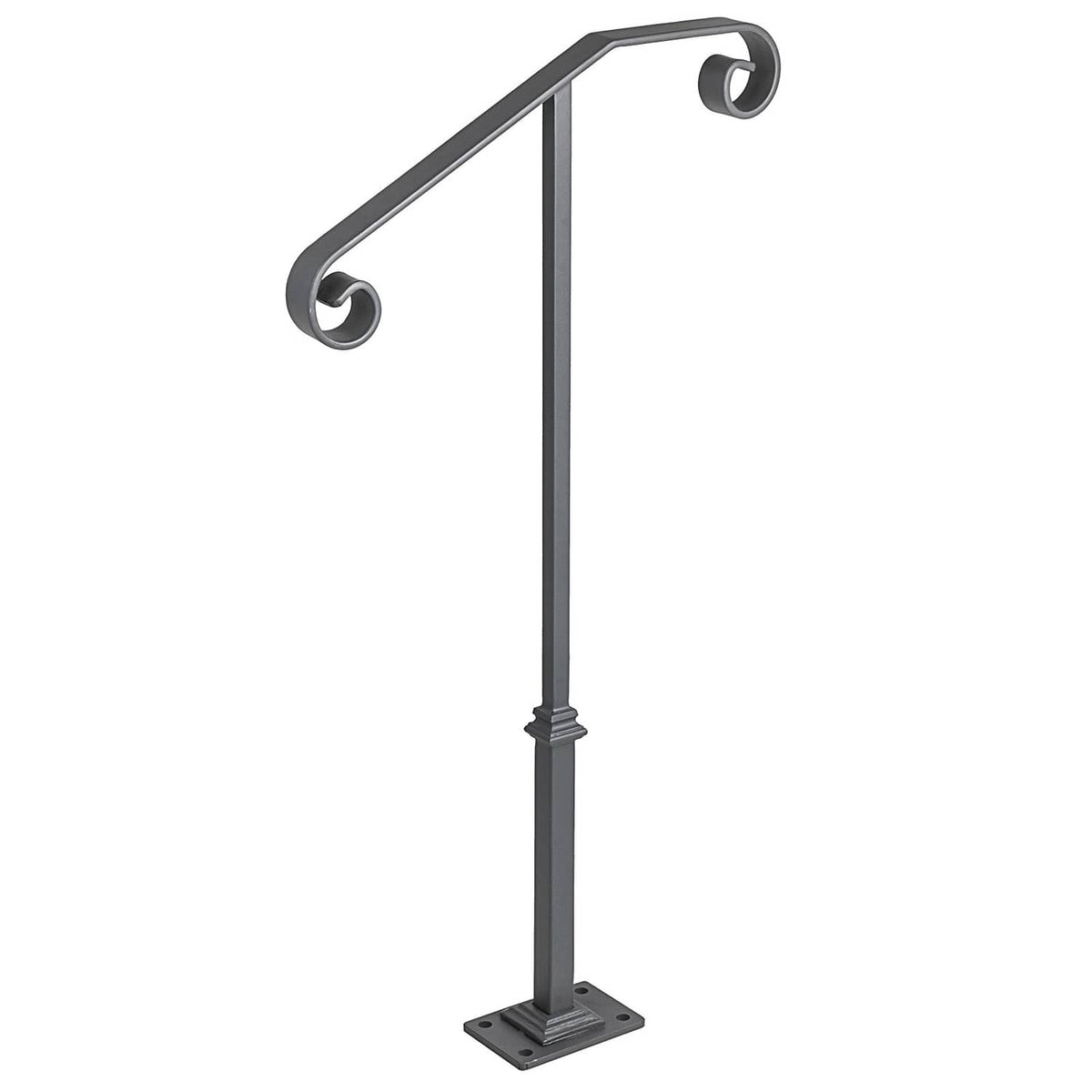Matte gray single post wrought iron handrail with curved end grips and sturdy base.
