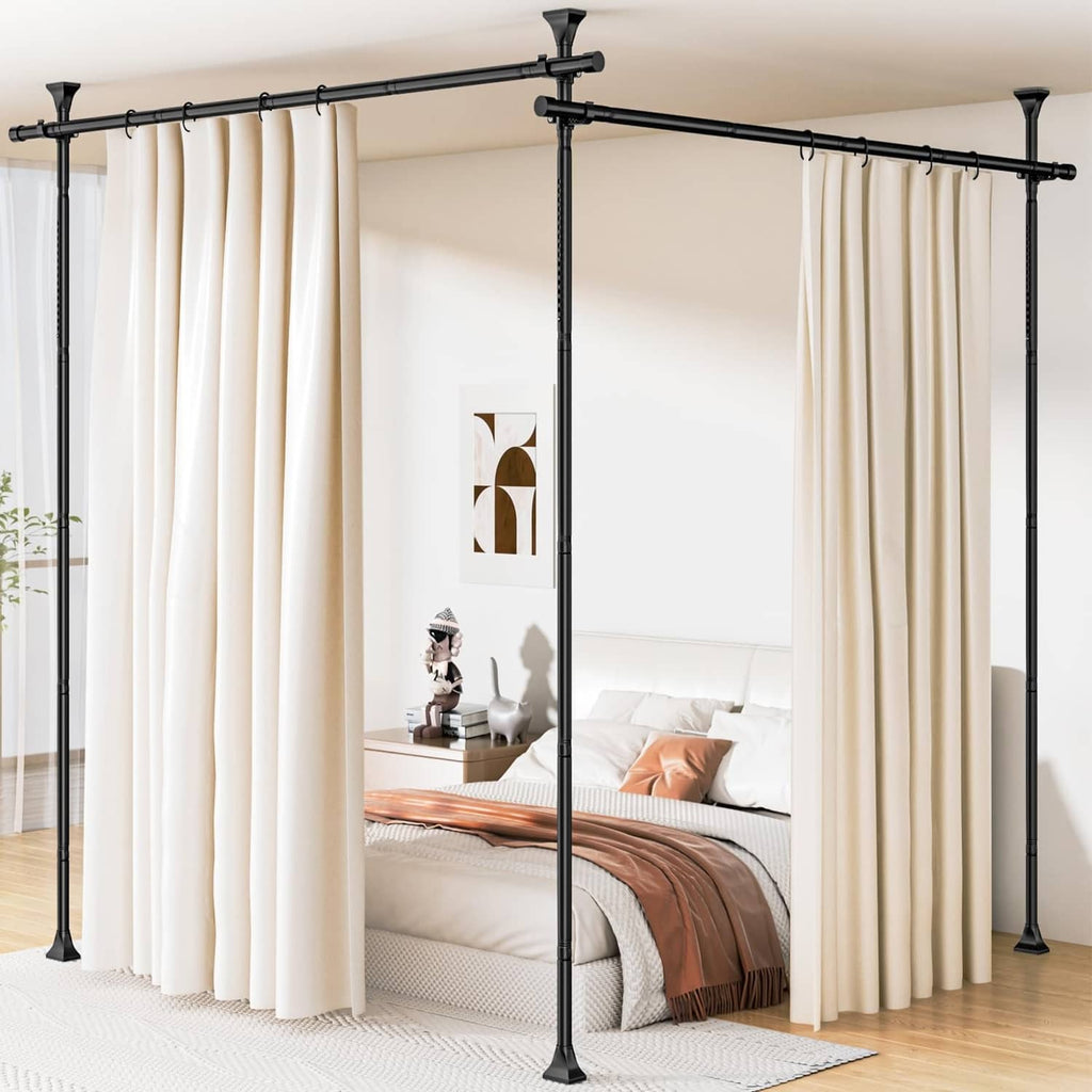 Black room divider curtain rod with cream double curtains and end posts