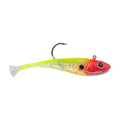 Red and chartreuse soft plastic fishing lure with single hook
