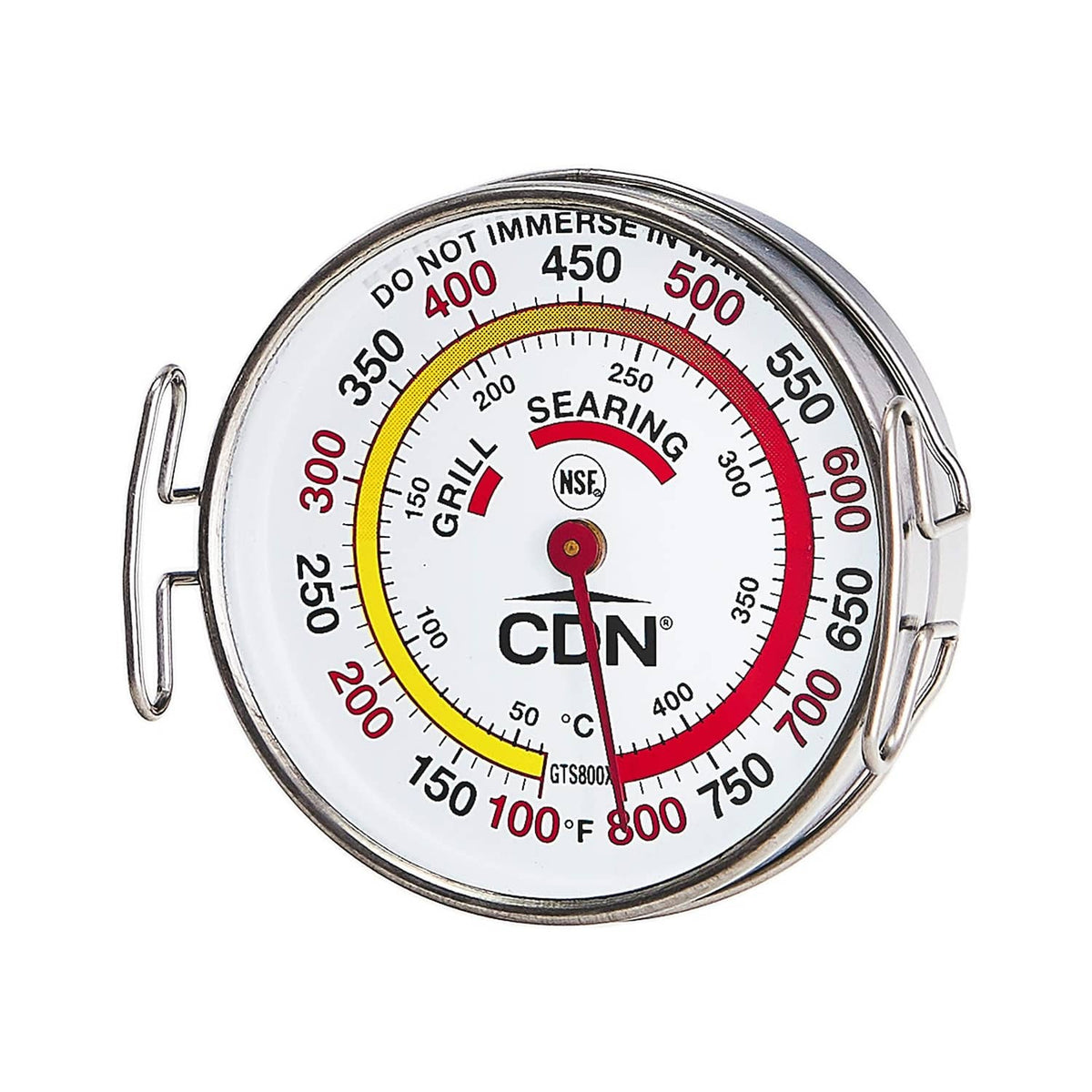 Grill surface thermometer with round stainless bezel and color-coded temperature dial
