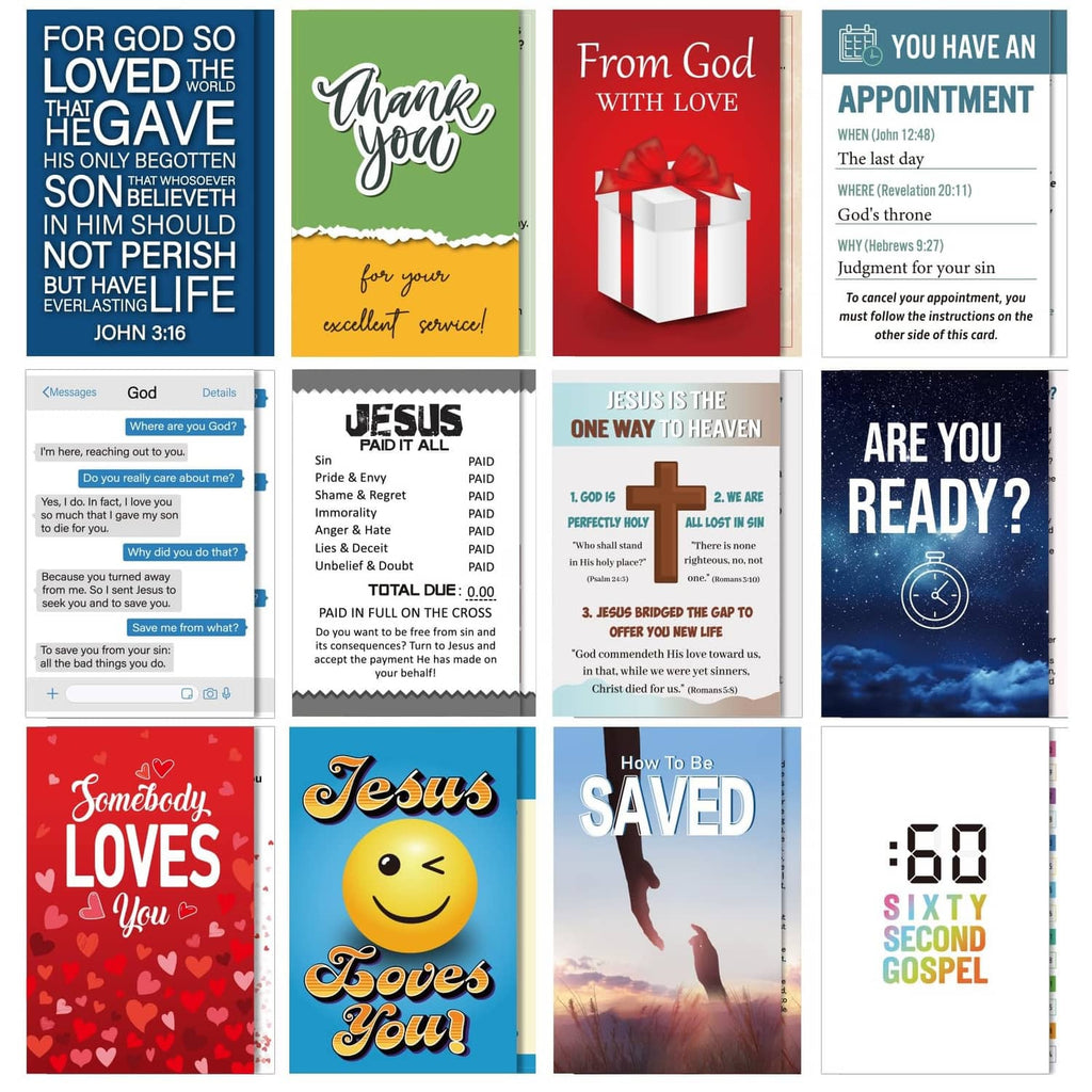 Multicolor gospel tract card set with 12 designs, assorted front panels