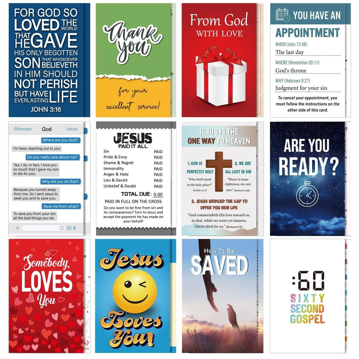 Multicolor gospel tract card set with 12 designs, assorted front panels