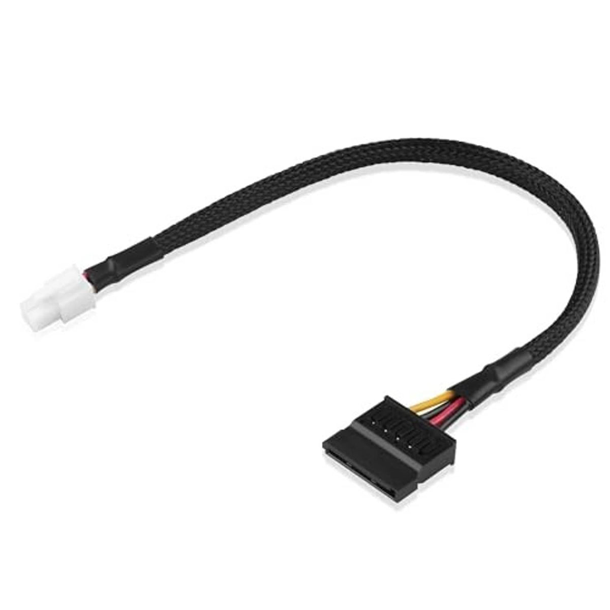 ATX 4-pin to SATA 15-pin adapter cable with black braided sheath and color wire leads