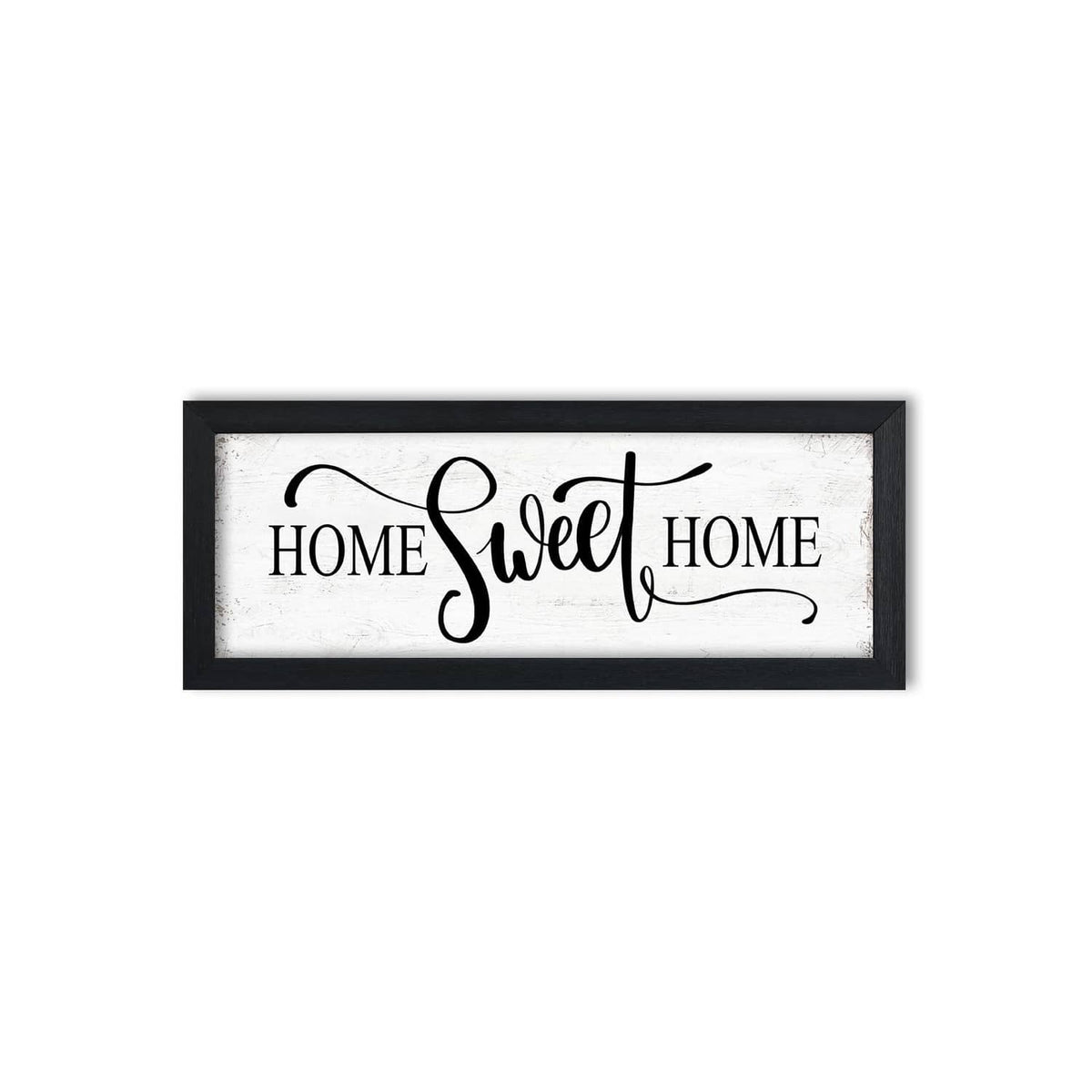 Wall sign with black frame and “HOME Sweet HOME” typography on white background