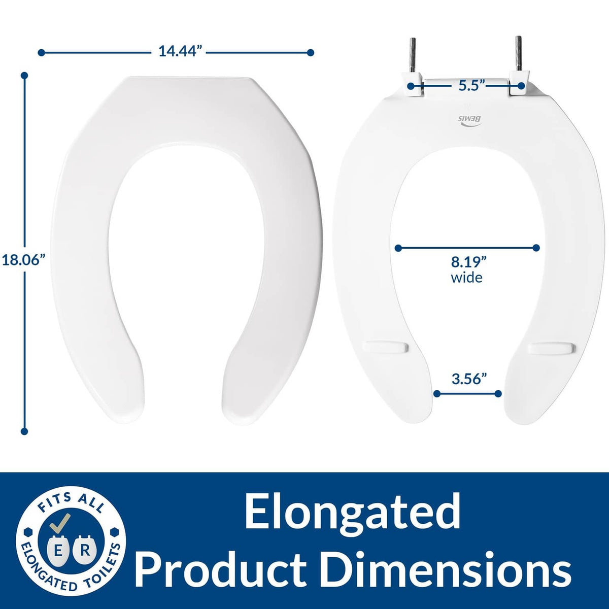 Elongated open-front plastic toilet seat shown with width and height measurements