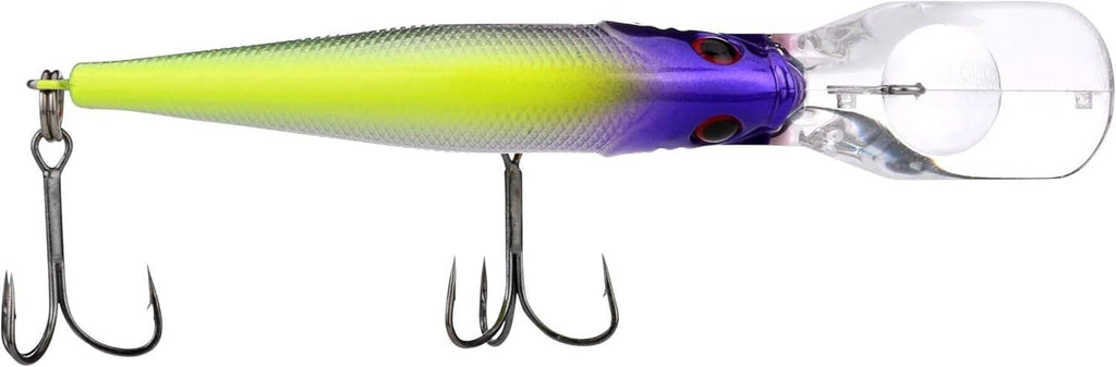 Lime-green and purple crankbait fishing lure with pink stripe, clear lip, two treble hooks